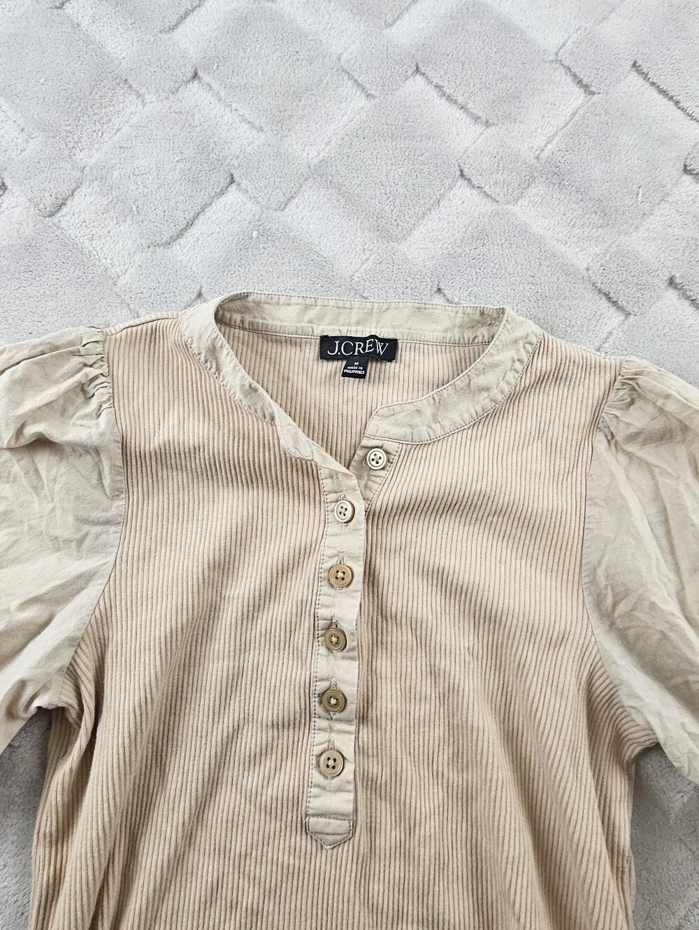 J.Crew Rib Puff Sleeve Henley Top Womens Medium Tan Shirt Blouse